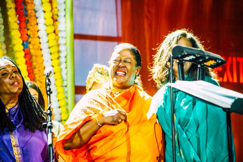 The Sai Anantam Singers perform at The Ecstatic World of Alice Coltrane Turiyasangitananda, part of Red Bull Music Academy Festival, at Knockdown Center, 52-19 Flushing Ave. in Maspeth, NY, US on 21 May 2017.
